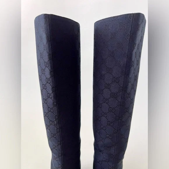 GUCCI || Vintage Y2K GG Monogram Canvas Square Toe Block Heel Knee High Boots - Picture 4 of 16